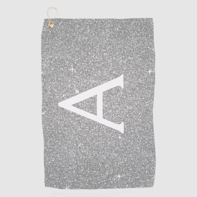 Silver Glitter & Sparkle Monogram Name Golf Towel (Front)