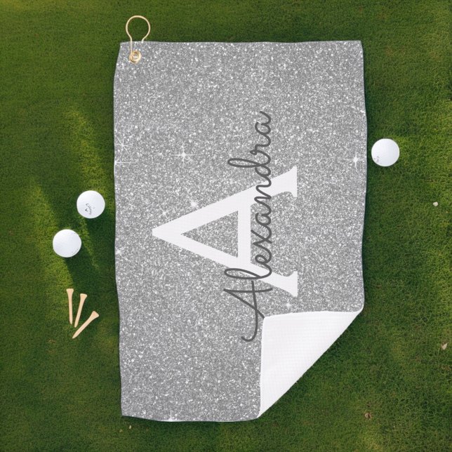 Silver Glitter & Sparkle Monogram Name Golf Towel (Creator Uploaded)