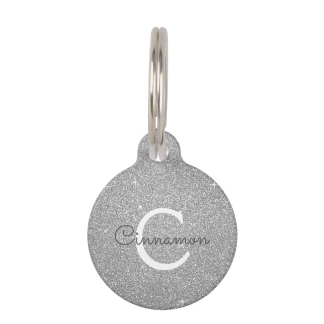 Silver Glitter & Sparkle Monogram Name Pet Tag (Front)