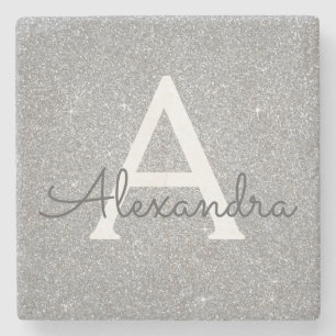 Silver Glitter & Sparkle Monogram Stone Coaster