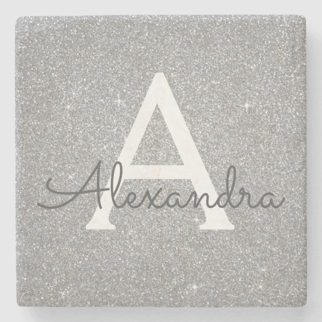 Silver Glitter & Sparkle Monogram Stone Coaster (Front)