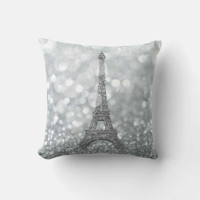 Silver Glitter Sparkle Paris Eiffel Tower Glam Cushion (Front)