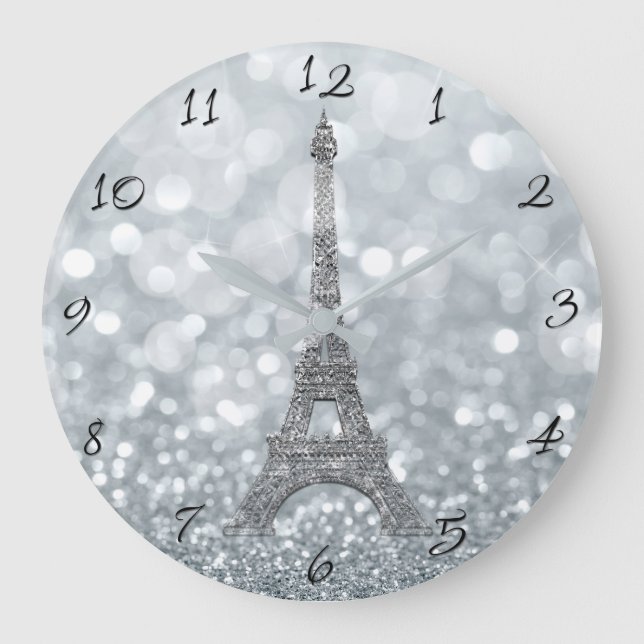 Silver Glitter Sparkle Paris Eiffel Tower Glam Large Clock (Front)