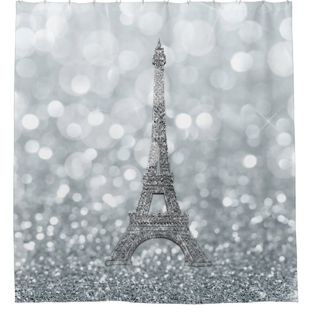 Silver Glitter Sparkle Paris Eiffel Tower Glam Shower Curtain (Front)