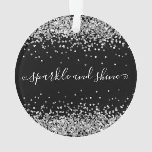 Silver Glitter Sparkle Shine Happy Holidays Black Ornament