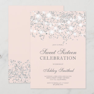 Silver glitter sparkles blush pink sweet sixteen invitation