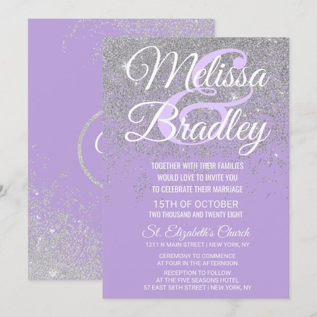 Silver Glitter Sparkles Dark Lavender Wedding Invitation (Front/Back)