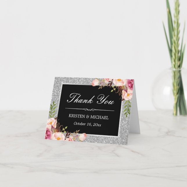 Silver Glitter Sparkles Floral Decor Thank You (Front)