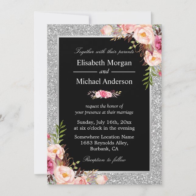Silver Glitter Sparkles Floral Wedding Invitation (Front)