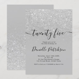 Silver glitter sparkles grey ombre twenty five invitation