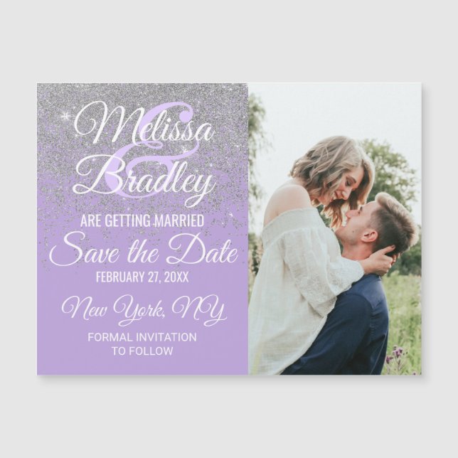 Silver Glitter Sparkles Lavender Save the Date (Front)