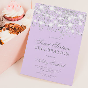Silver glitter sparkles lavender sweet sixteen invitation