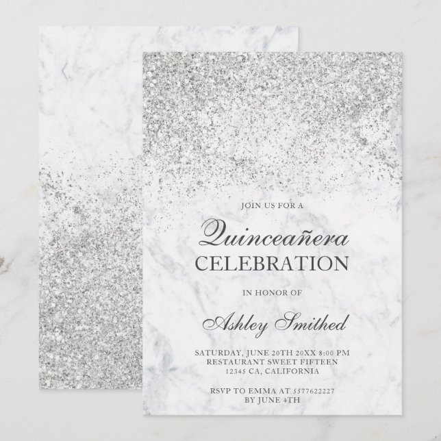 Silver glitter sparkles marble chic Quinceañera Invitation (Front/Back)