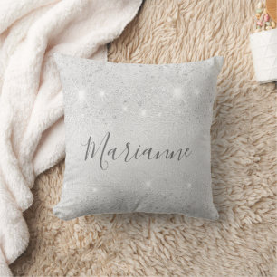 Silver glitter sparkles name script cushion