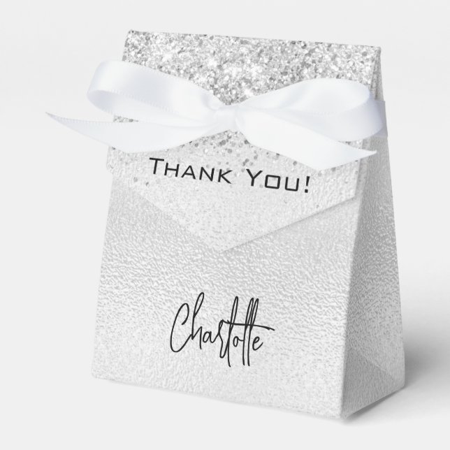 Silver glitter sparkles name script thank you favour box (Front Side)