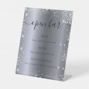 Silver glitter sparkles script bar menu pedestal sign