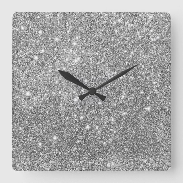Silver Glitter Sparkles Square Wall Clock (Front)