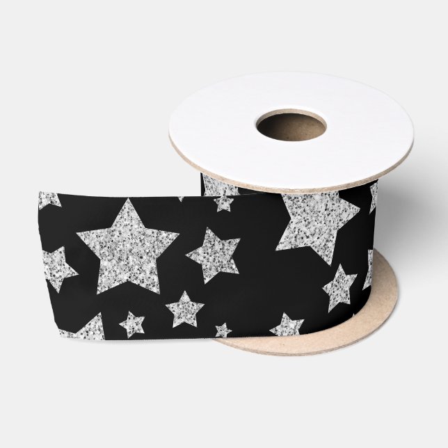 Silver glitter sparkles Stars pattern black Satin Ribbon (Spool)