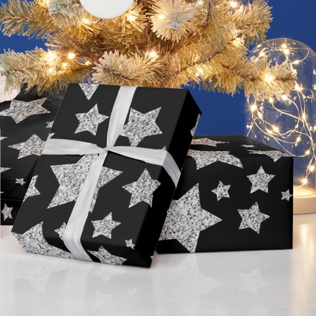 Silver glitter sparkles Stars pattern black Wrapping Paper (Holidays)
