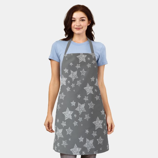 Silver glitter sparkles Stars pattern light grey Apron (Worn)