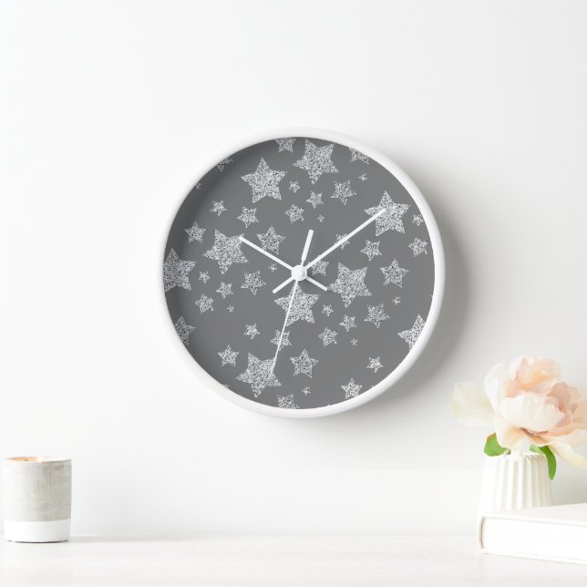 Silver glitter sparkles Stars pattern light grey Clock (Home)