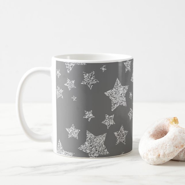 Silver glitter sparkles Stars pattern light grey Coffee Mug (With Donut)