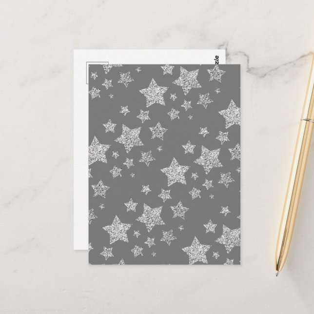 Silver glitter sparkles Stars pattern light grey Postcard (Front/Back In Situ)
