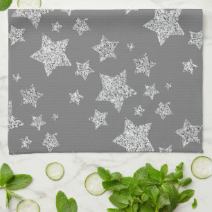 Silver glitter sparkles Stars pattern light grey Tea Towel