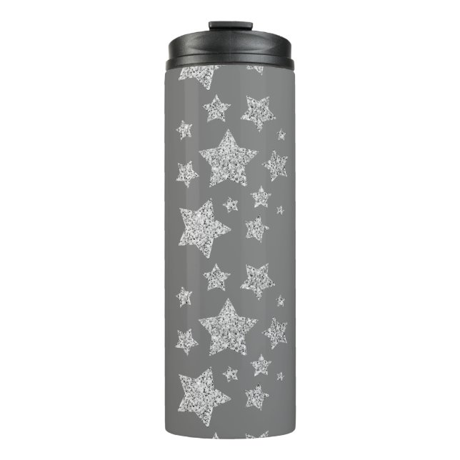 Silver glitter sparkles Stars pattern light grey Thermal Tumbler (Front)
