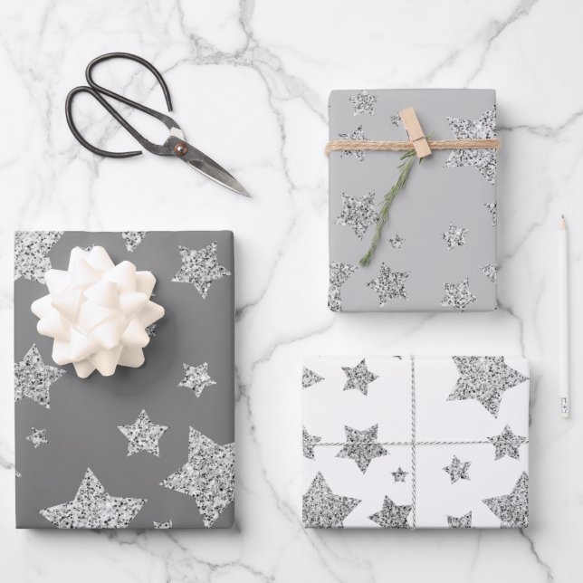 Silver glitter sparkles Stars pattern light grey Wrapping Paper Sheet (Front)