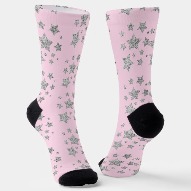 Silver glitter sparkles Stars pattern light pink Socks (Angled)