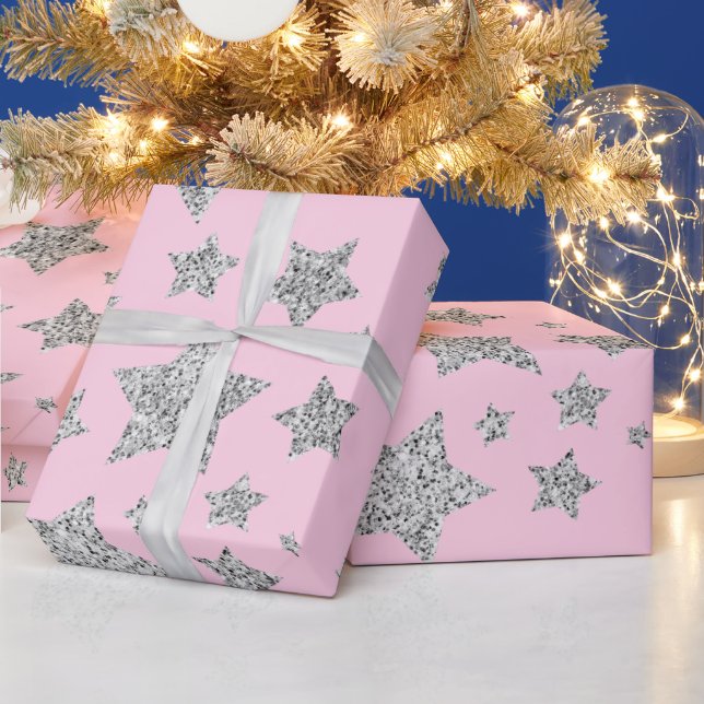 Silver glitter sparkles Stars pattern light pink  Wrapping Paper (Holidays)