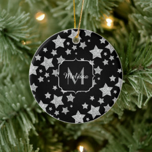 Silver glitter sparkles Stars pattern Monogram Ceramic Tree Decoration