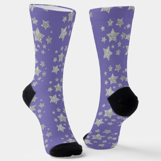 Silver glitter sparkles Stars pattern purple Socks (Angled)
