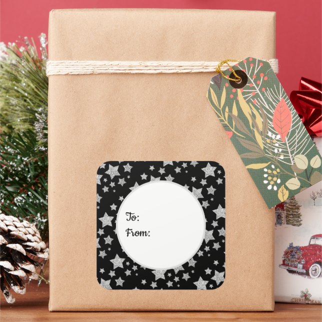 Silver glitter sparkles Stars pattern To From Square Sticker (Holiday)