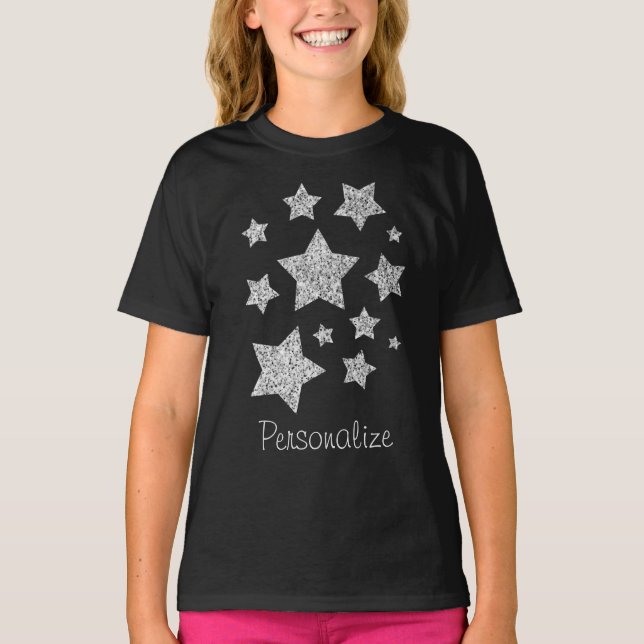 Silver glitter sparkles Stars Personalise T-Shirt (Front)