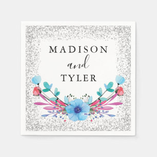 Silver Glitter Sparkles Watercolor Floral Wreath Napkin