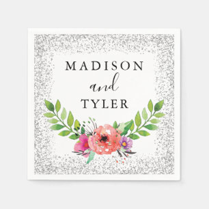 Silver Glitter Sparkles Watercolor Floral Wreath Napkin