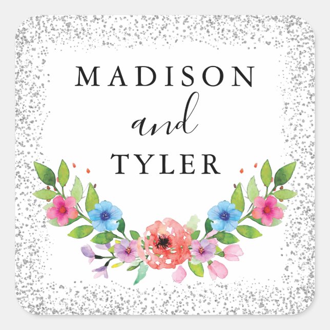 Silver Glitter Sparkles Watercolor Floral Wreath Square Sticker (Front)