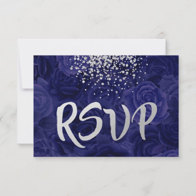 Silver Glitter Splash on Royal Blue Roses RSVP Card (Front)