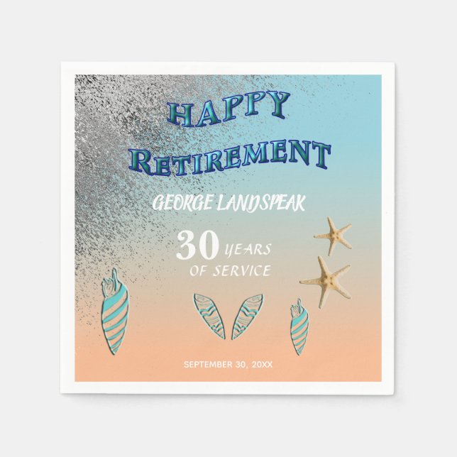 Silver Glitter Starfish Seashells Happy Retirement Napkin (Front)