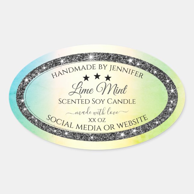 Silver Glitter Stars Product Labels Teal Yellow (Front)