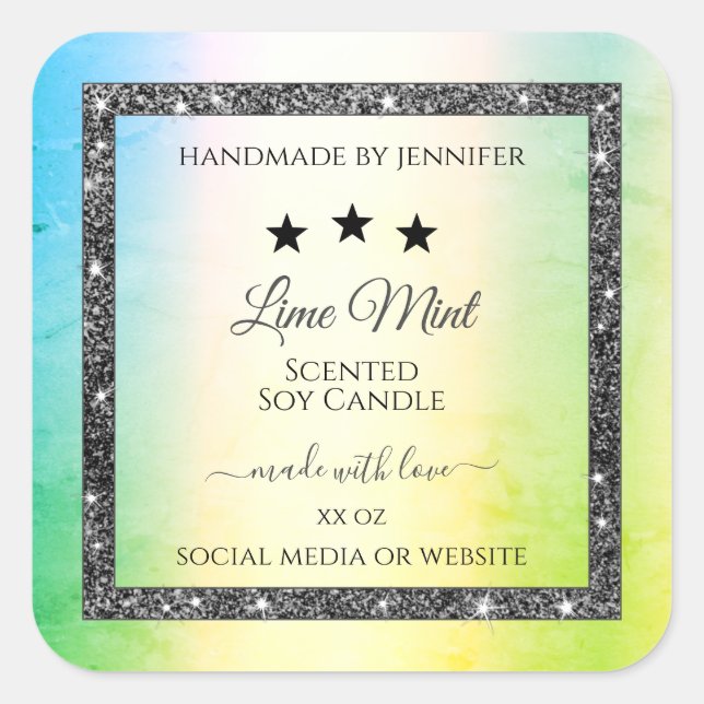 Silver Glitter Stars Product Labels Teal Yellow (Front)