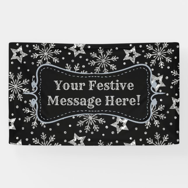 Silver Glitter Stars & Snowflakes Banner (Horizontal)