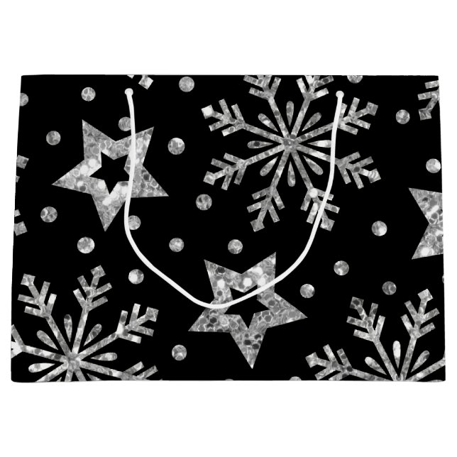 Silver Glitter Stars & Snowflakes Large Gift Bag (Front)