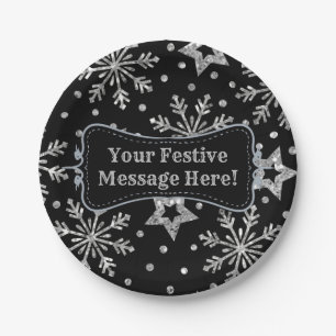 Silver Glitter Stars & Snowflakes Paper Plate