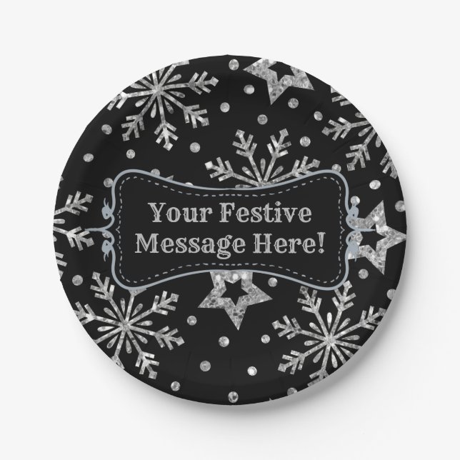 Silver Glitter Stars & Snowflakes Paper Plate (Front)