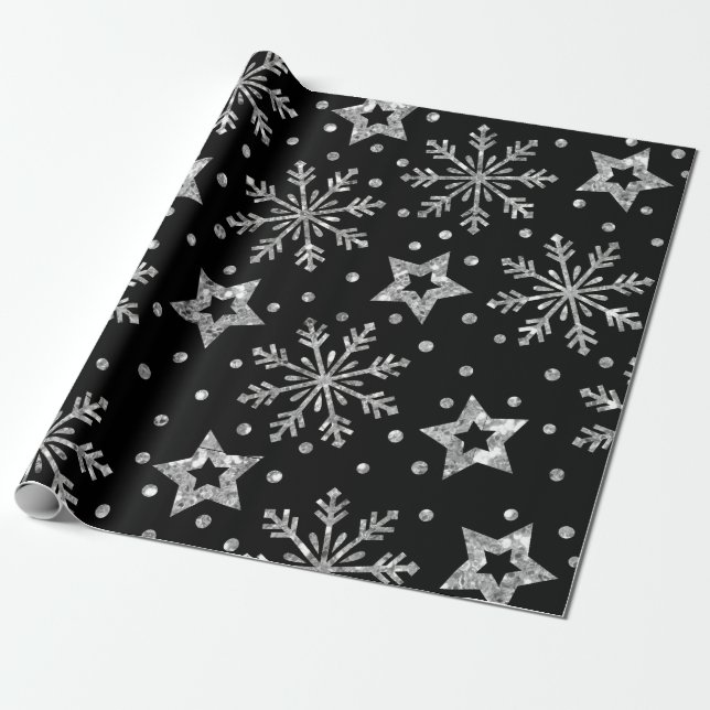 Silver Glitter Stars & Snowflakes Wrapping Paper (Unrolled)