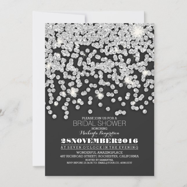 silver glitter string lights bridal shower invitation (Front)