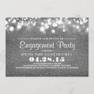 silver glitter & string lights engagement party invitation